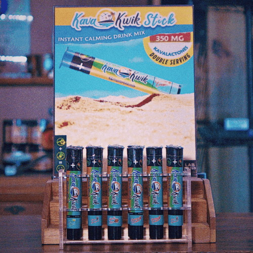“KavaKwik single-serve sticks counter display — instant kava drink mix”
