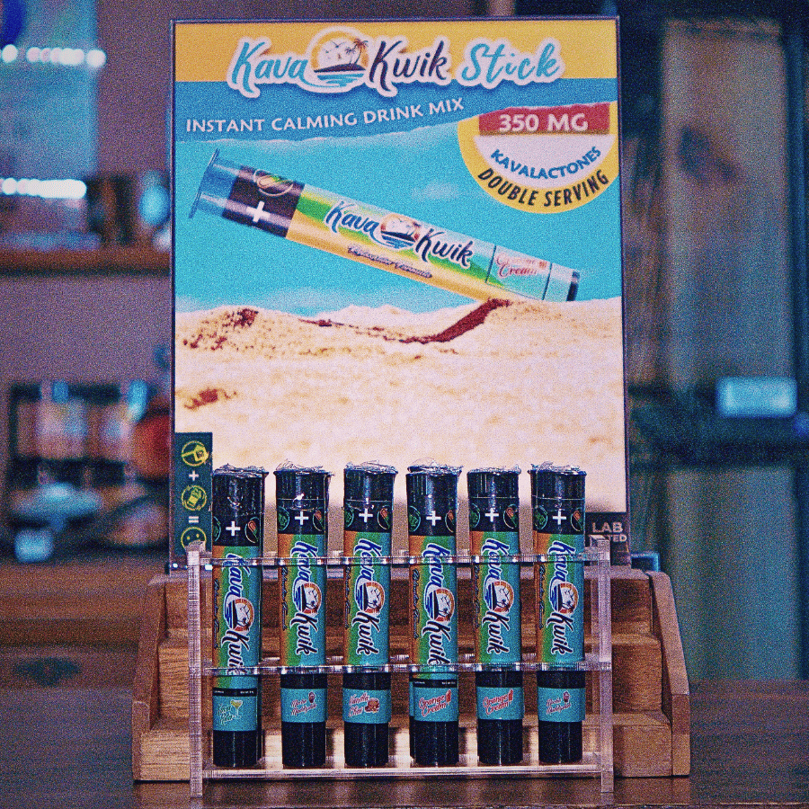 “KavaKwik single-serve sticks counter display — instant kava drink mix”